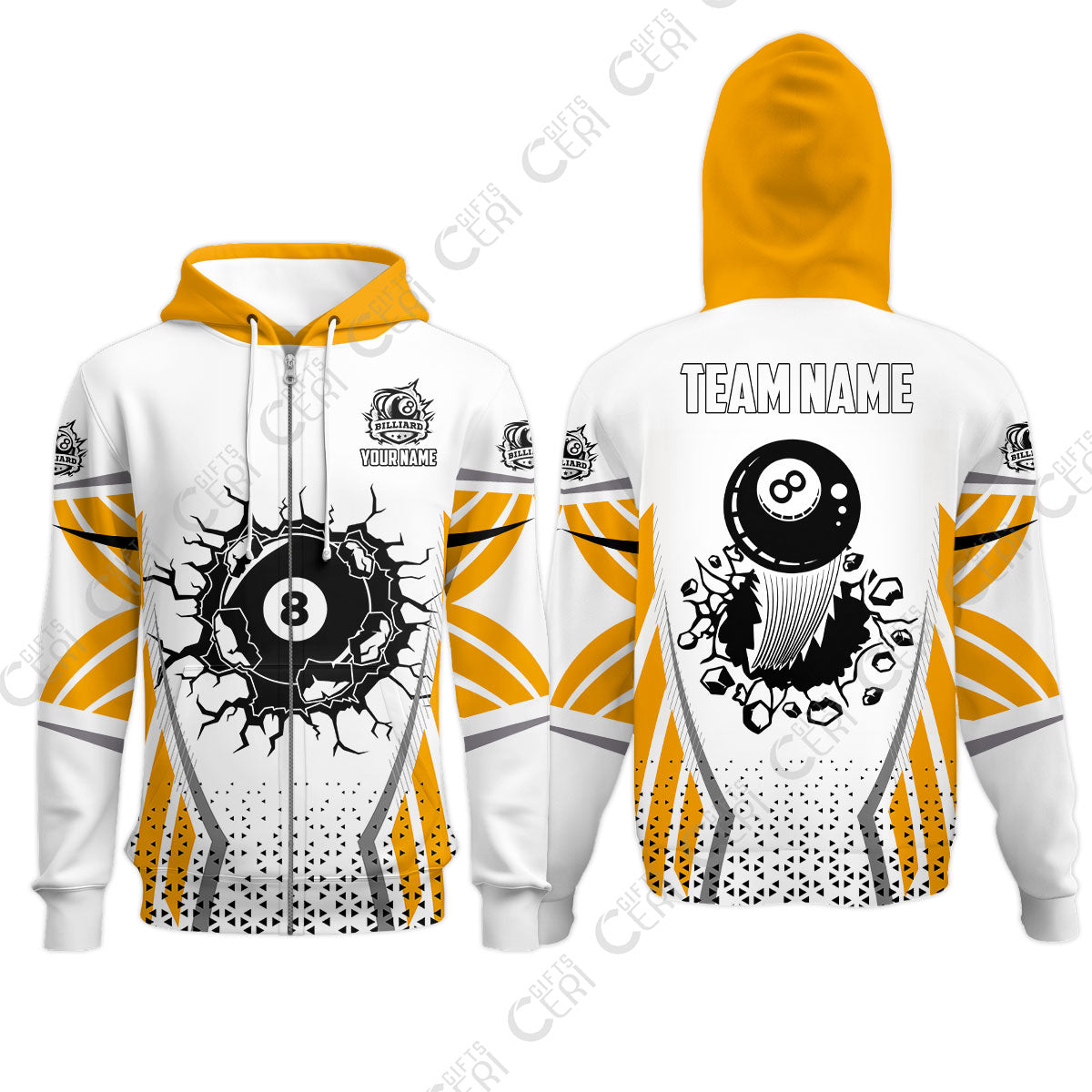 Customized 8 Ball Pool Zip Hoodies, Billiard Triangle Pattern, 8-Ball Breaks The Wall, Billiard Jerseys