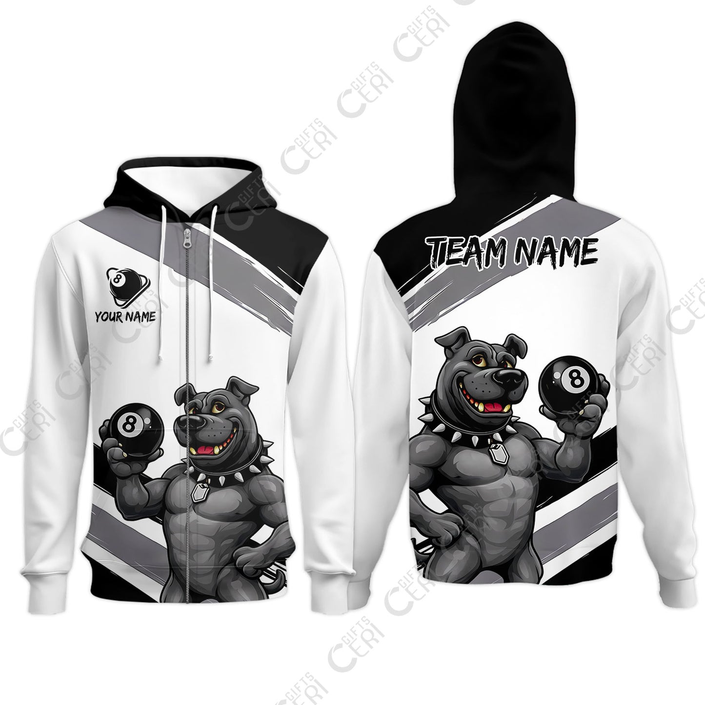 Customized Billiards Zip Hoodies, Personalized Pitbull 8 Ball Jersey Gift For Billiard Players
