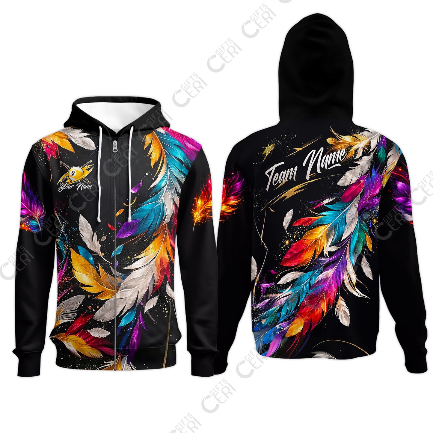 Customized 9 Ball Pool Zip Hoodies, Feather Splash Billiard 9-ball, Personalized Billiards Jersey