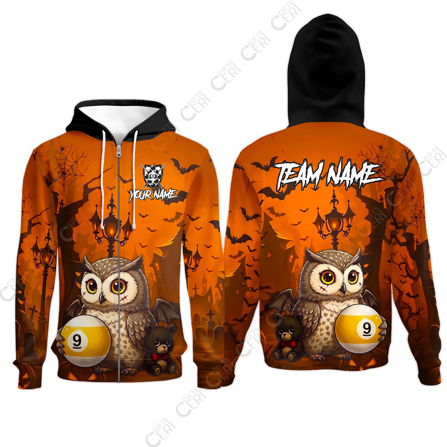 Customized 9 Ball Pool Zip Hoodies, Halloween Owl Holding 9-Ball, Personalized Billiards Jersey