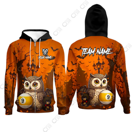 Customized 9 Ball Pool Zip Hoodies, Halloween Owl Holding 9-Ball, Personalized Billiards Jersey