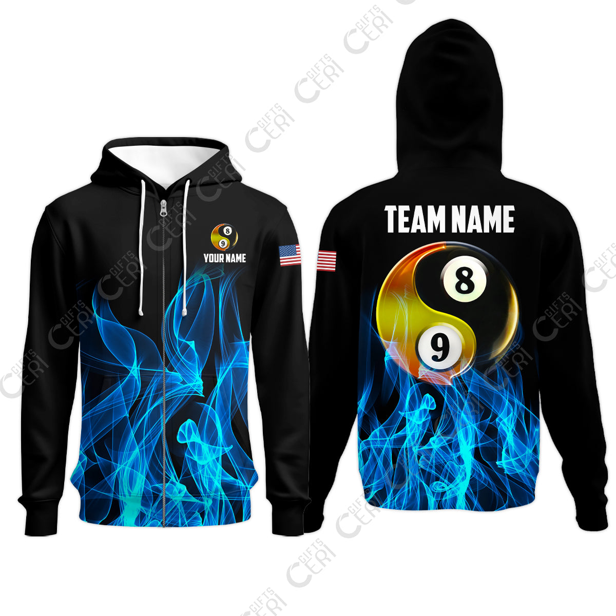 Customized Billiard Zip Hoodies, Billiard 8-Ball And 9-Ball Yin-Yang Flame, Billiard Jerseys