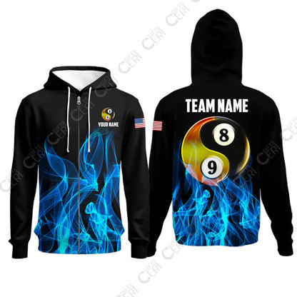 Customized Billiard Zip Hoodies, Billiard 8-Ball And 9-Ball Yin-Yang Flame, Billiard Jerseys