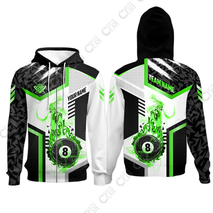 Customized Billiards Zip Hoodies, Flaming 8-Ball Graphic, 8 Ball Pool Jersey