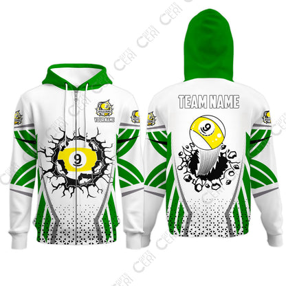 Customized 9 Ball Pool Zip Hoodies, Billiard Triangle Pattern, 9-Ball Breaks The Wall, Billiard Jerseys