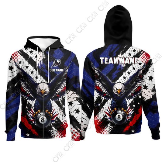 Customized 8 Ball Pool Zip Hoodies, Eagle Holding Ball American Flag 8-ball, Personalized Billiards Jersey