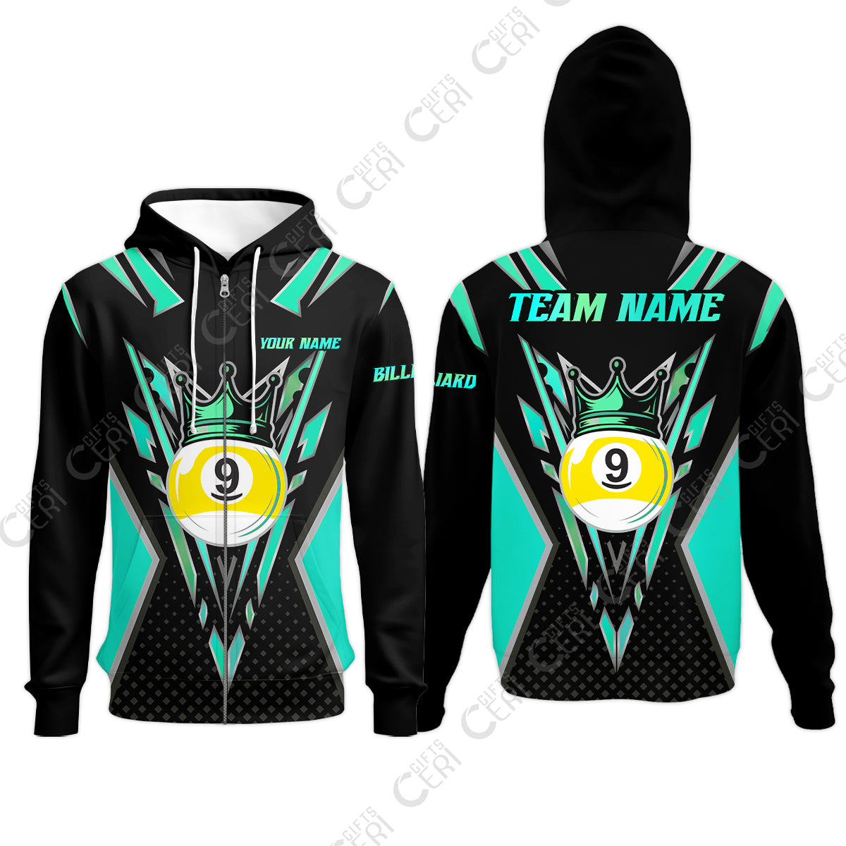 Customized 9 Ball Pool Zip Hoodies, Billiard 9-Ball Crown, Billiard Jerseys