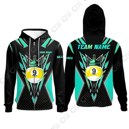 Customized 9 Ball Pool Zip Hoodies, Billiard 9-Ball Crown, Billiard Jerseys
