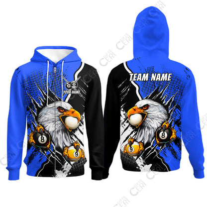Customized Billiards Zip Hoodies, 8 & 9 Ball Billiard Eagle Comic Dot Halftone Background Color, Billiards Jerseys