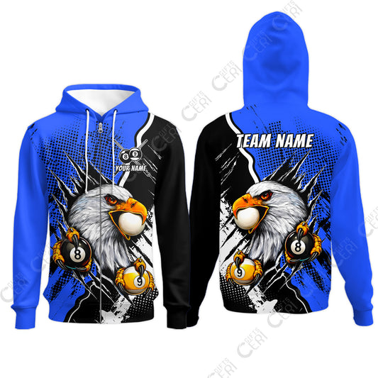 Customized Billiards Zip Hoodies, 8 & 9 Ball Billiard Eagle Comic Dot Halftone Background Color, Billiards Jerseys