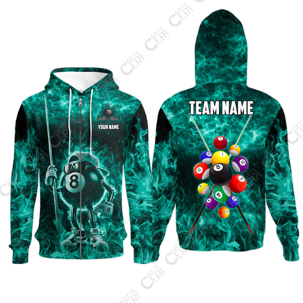 Customized 8 Ball Pool Zip Hoodies, 8-Ball Wearing Cap And Sunglasses Flaming Burn, Billiard Jerseys