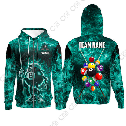 Customized 8 Ball Pool Zip Hoodies, 8-Ball Wearing Cap And Sunglasses Flaming Burn, Billiard Jerseys
