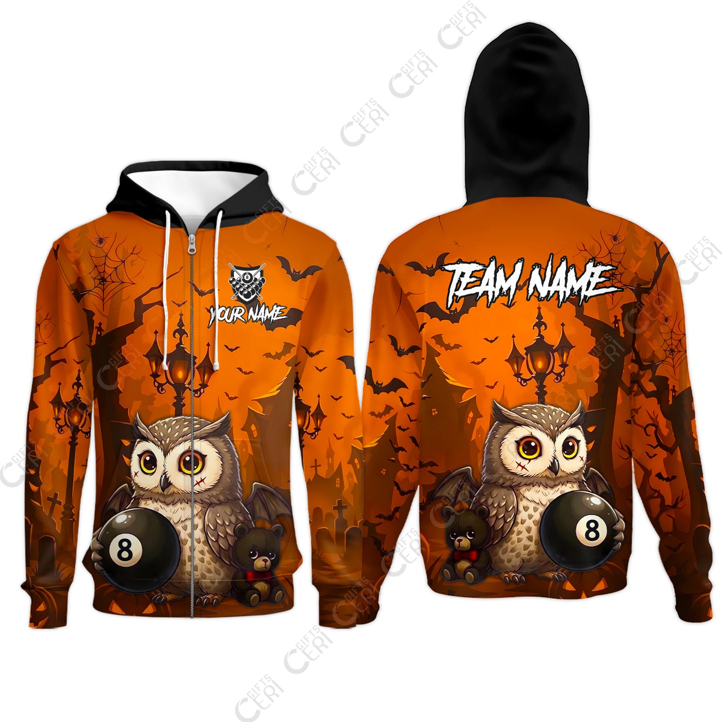 Customized 8 Ball Pool Zip Hoodies, Halloween Owl Holding 8-Ball, Personalized Billiards Jersey
