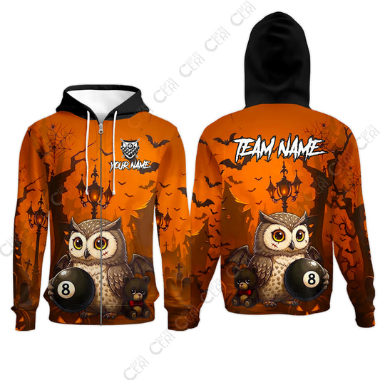 Customized 8 Ball Pool Zip Hoodies, Halloween Owl Holding 8-Ball, Personalized Billiards Jersey