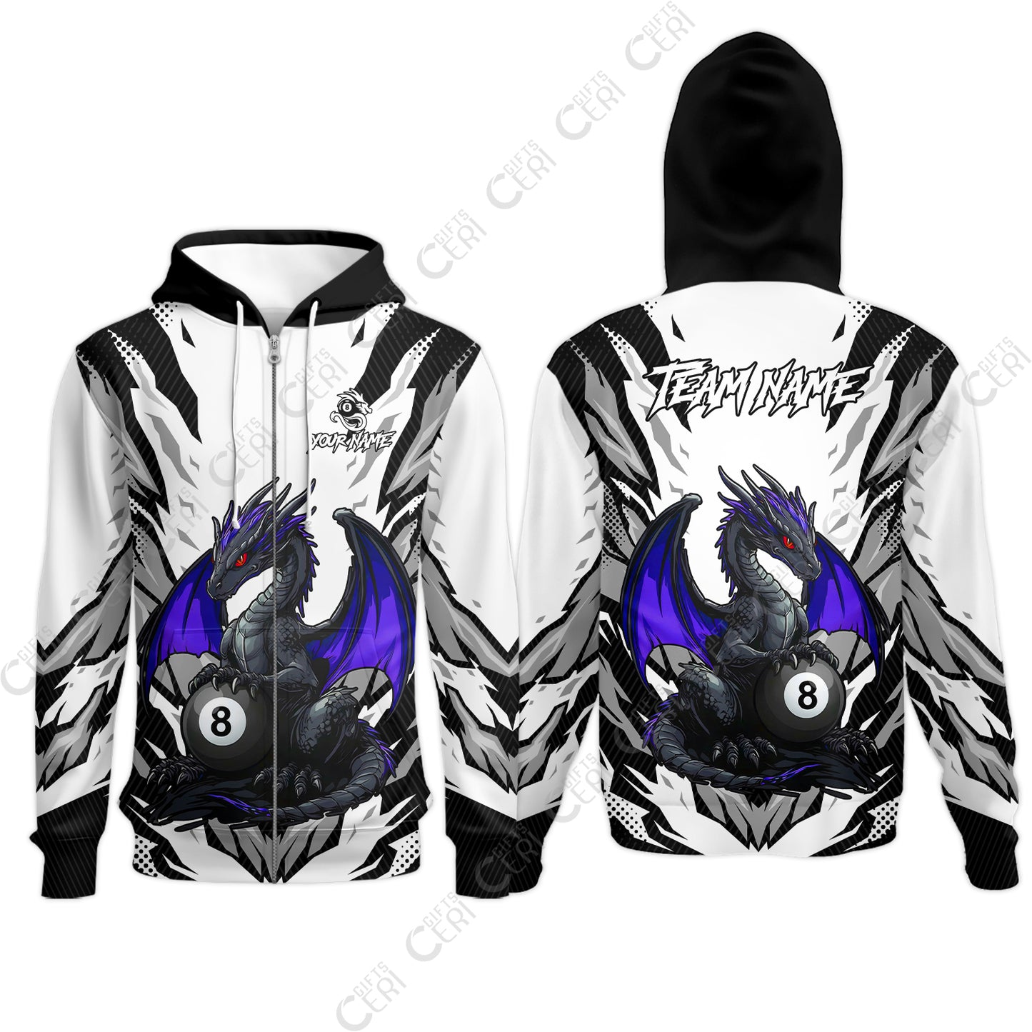 Customized Billiards Zip Hoodies, Personalized Baby Dragon 8 Ball Jersey Gift For Billiard Players