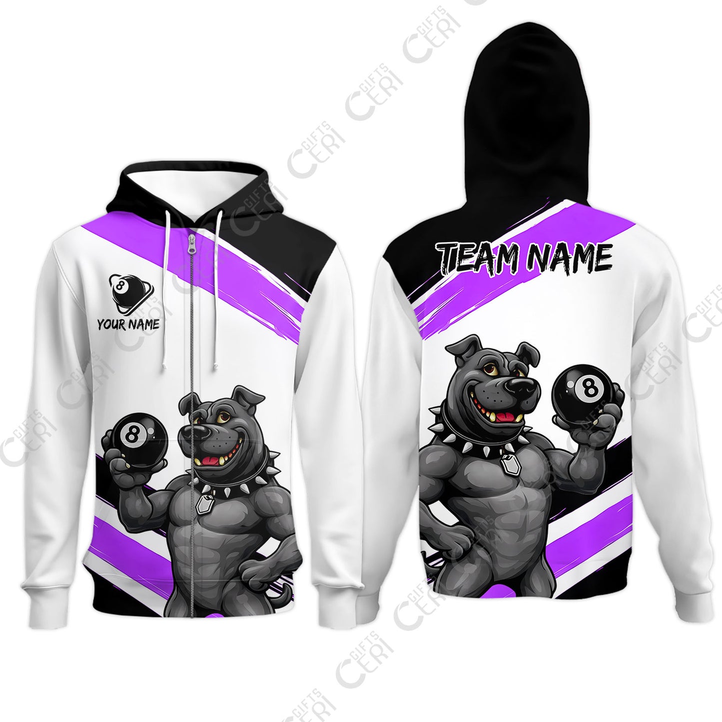 Customized Billiards Zip Hoodies, Personalized Pitbull 8 Ball Jersey Gift For Billiard Players