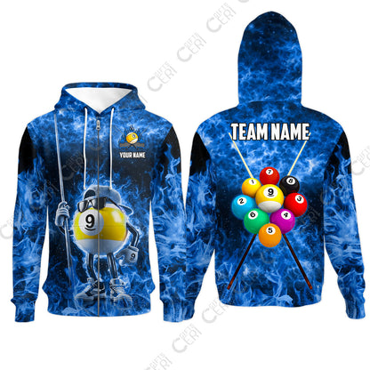 Customized 9 Ball Pool Zip Hoodies, 9-Ball Wearing Cap And Sunglasses Flaming Burn, Billiard Jerseys