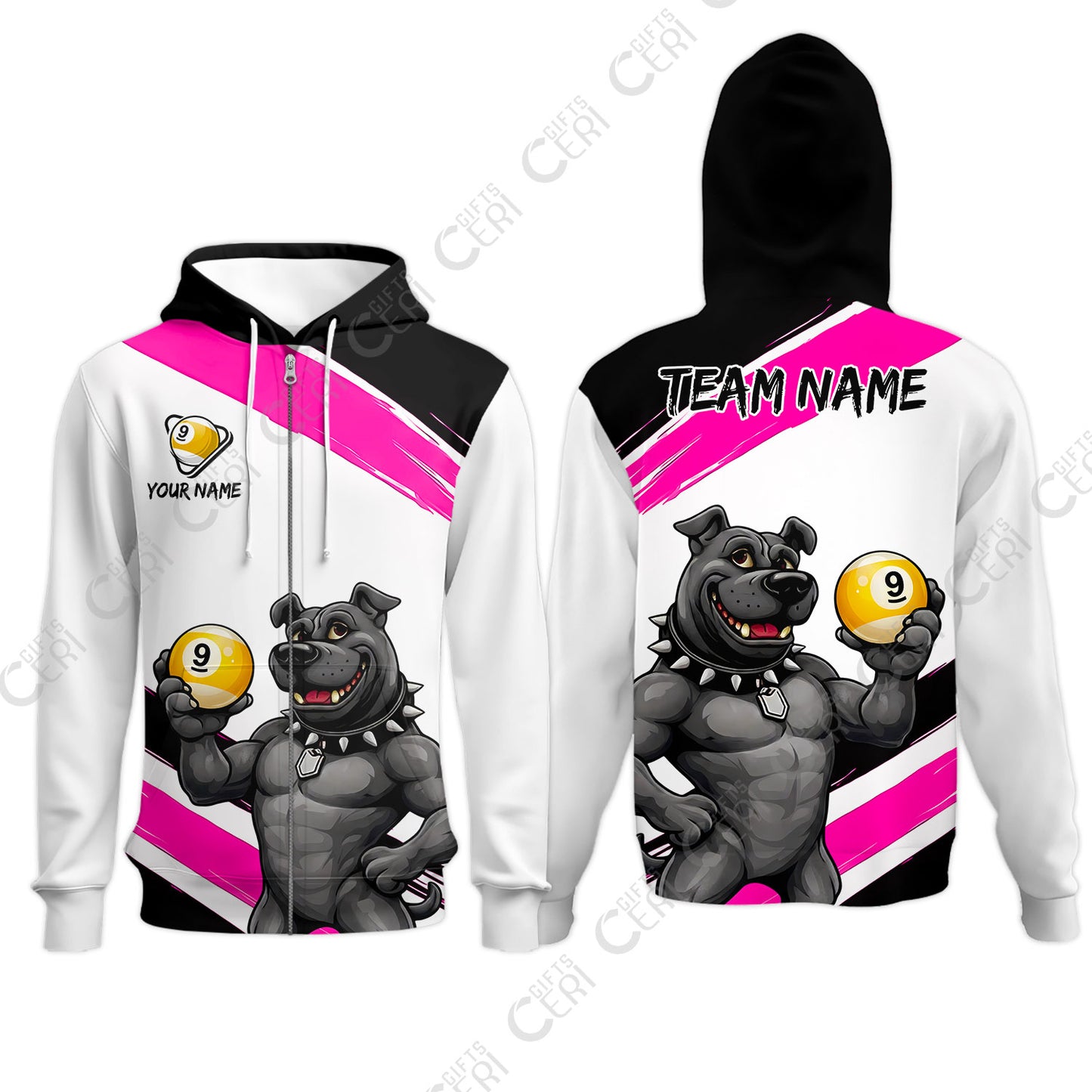 Customized Billiards Zip Hoodies, Personalized Pitbull 9 Ball Jersey Gift For Billiard Players