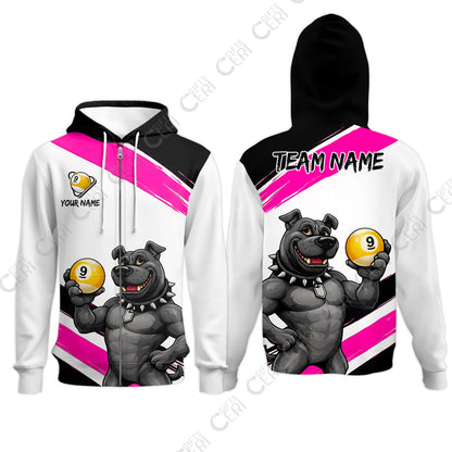 Customized Billiards Zip Hoodies, Personalized Pitbull 9 Ball Jersey Gift For Billiard Players