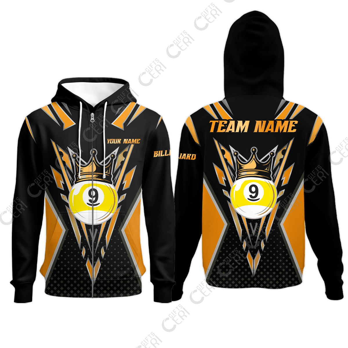 Customized 9 Ball Pool Zip Hoodies, Billiard 9-Ball Crown, Billiard Jerseys