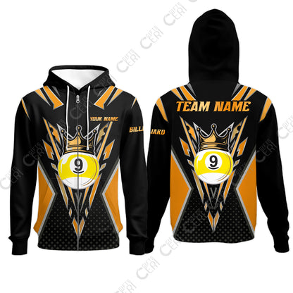 Customized 9 Ball Pool Zip Hoodies, Billiard 9-Ball Crown, Billiard Jerseys