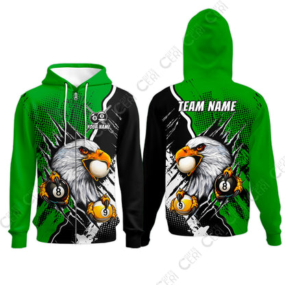 Customized Billiards Zip Hoodies, 8 & 9 Ball Billiard Eagle Comic Dot Halftone Background Color, Billiards Jerseys