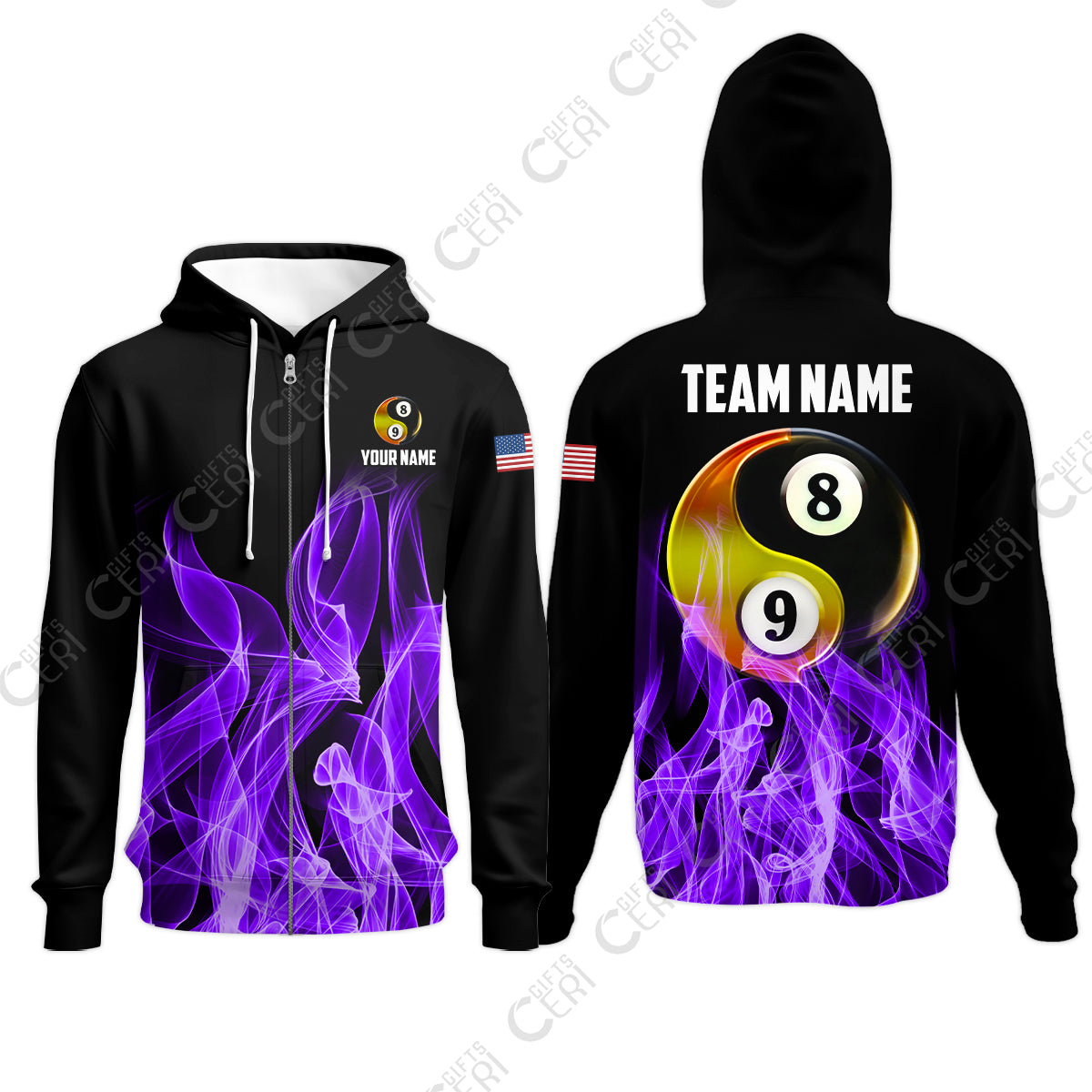Customized Billiard Zip Hoodies, Billiard 8-Ball And 9-Ball Yin-Yang Flame, Billiard Jerseys