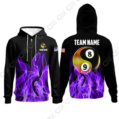 Customized Billiard Zip Hoodies, Billiard 8-Ball And 9-Ball Yin-Yang Flame, Billiard Jerseys