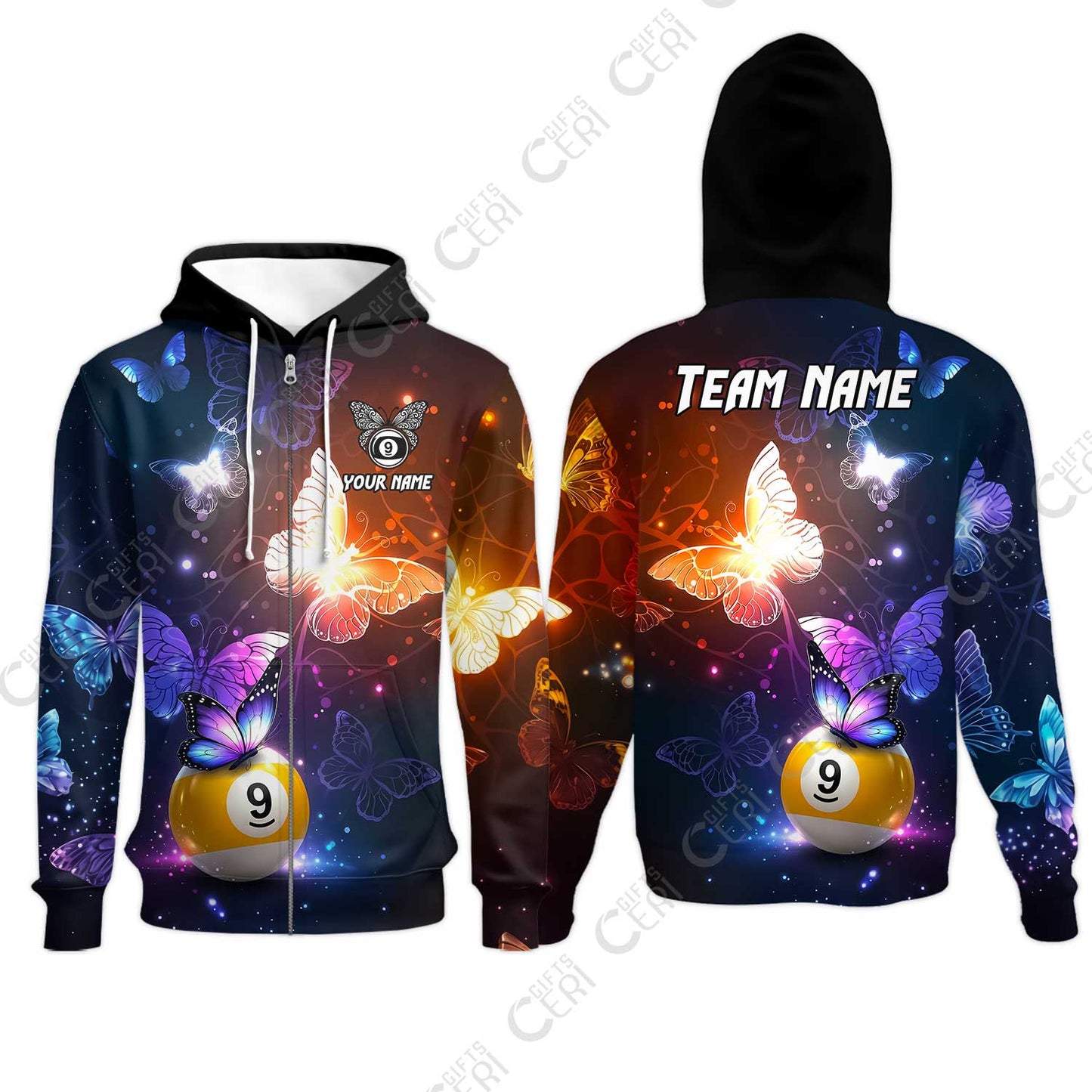 Customized 9 Ball Pool Zip Hoodies, Brush Paint Billiard Butterfly Sparkle 9-Ball, Personalized Billiards Jersey