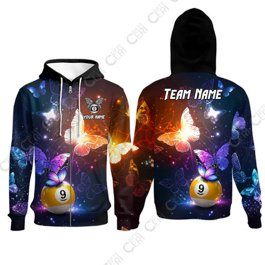 Customized 9 Ball Pool Zip Hoodies, Brush Paint Billiard Butterfly Sparkle 9-Ball, Personalized Billiards Jersey