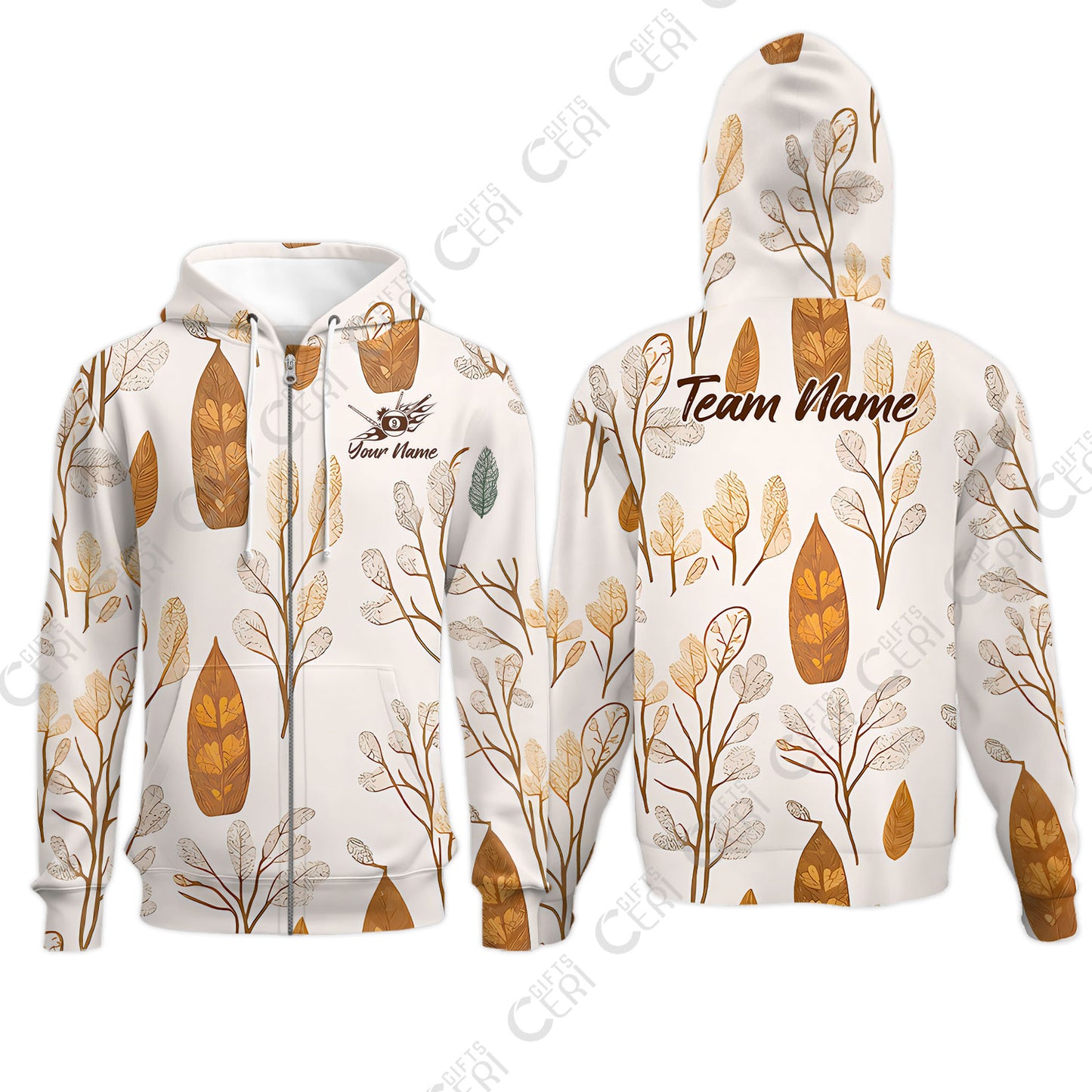 Customized 9 Ball Pool Zip Hoodies, Leaves Pattern Billiard 9-ball, Personalized Billiards Jersey