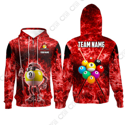 Customized 9 Ball Pool Zip Hoodies, 9-Ball Wearing Cap And Sunglasses Flaming Burn, Billiard Jerseys