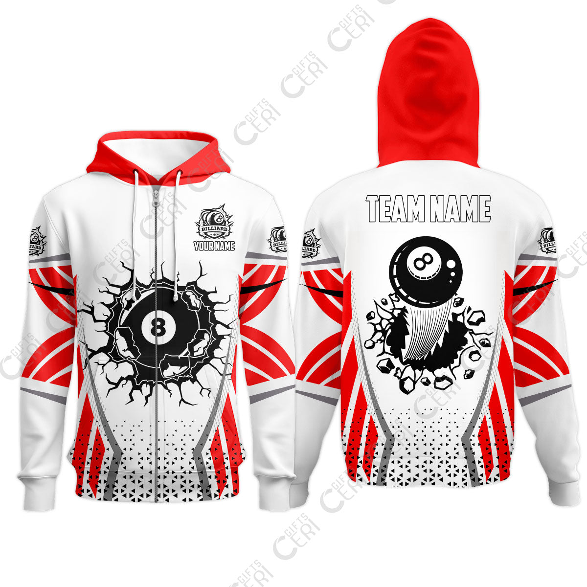 Customized 8 Ball Pool Zip Hoodies, Billiard Triangle Pattern, 8-Ball Breaks The Wall, Billiard Jerseys