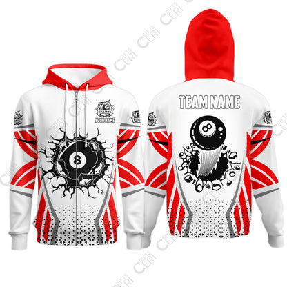 Customized 8 Ball Pool Zip Hoodies, Billiard Triangle Pattern, 8-Ball Breaks The Wall, Billiard Jerseys