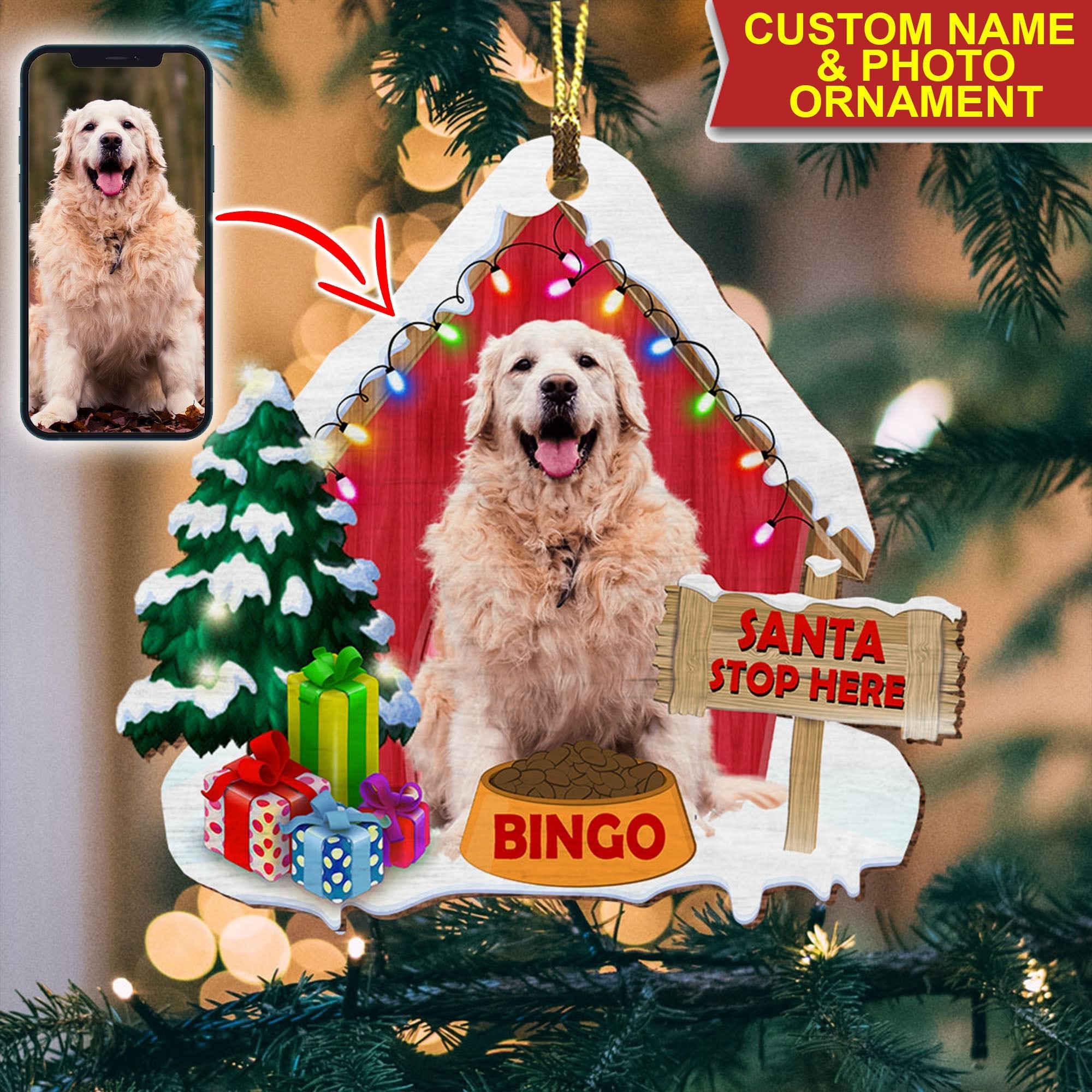 Christmas Pet House With Customized Name And Photo Santa Stop Here Acrylic Ornament, Gift For Dog Lovers