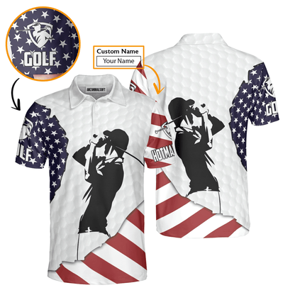 American Flag 4th of July Custom Name Golf Men Polo Shirt - American Flag Apparel - Personalized Gift For Golf Lover, 4th Of July, Him, Husband - Cerigifts