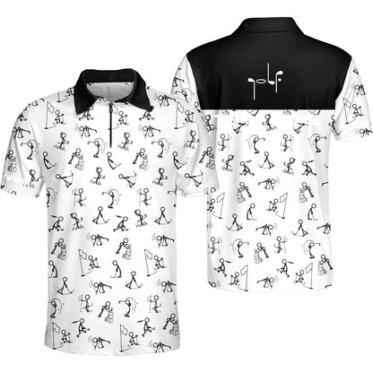 Golf Zip Polo Shirt - Funny Golf Pattern Custom Name White Apparel - Personalized Gift For Golf Lover, Team