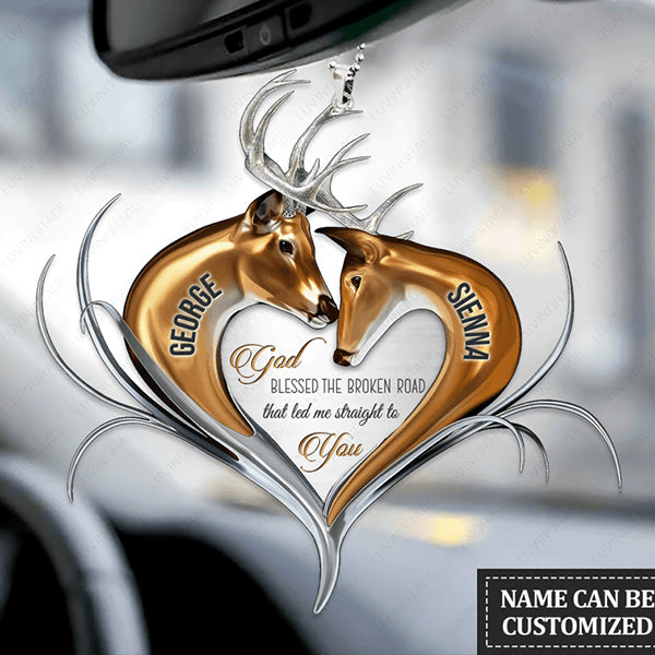 Customized Couple Name God Blessed Deer Heart Acrylic Car Ornament, Perfect Christmas Gift For Couple