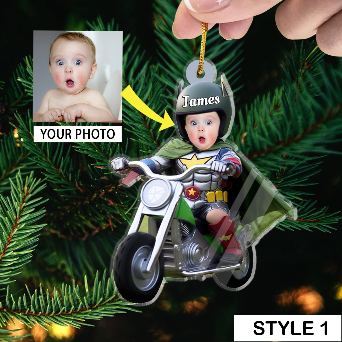 Baby Motorbike Acrylic Ornaments With Customized Name And Face, Custom Christmas Ornament Gifts For Baby, Son, Grandson