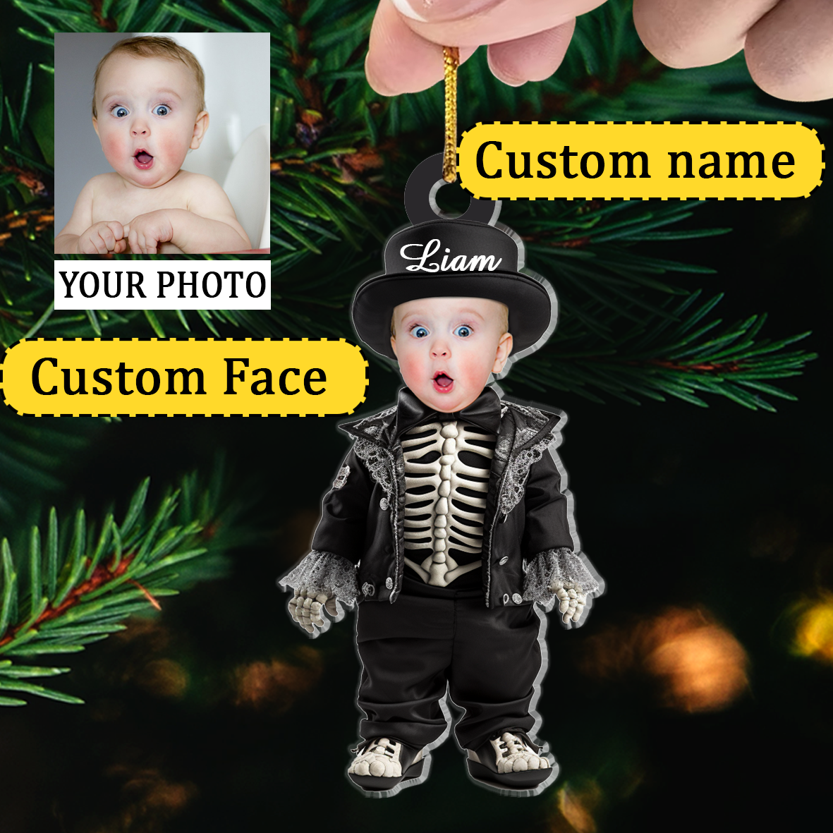 Baby Skeleton Halloween Acrylic Ornaments Customized Name And Face, Custom Halloween Ornament Gifts For Son, Grandson