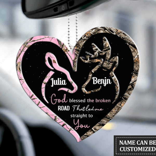 Personalized Couple Deer Heart Doe Buck God Blessed Acrylic Car Ornament, Perfect Christmas Gift For Couple