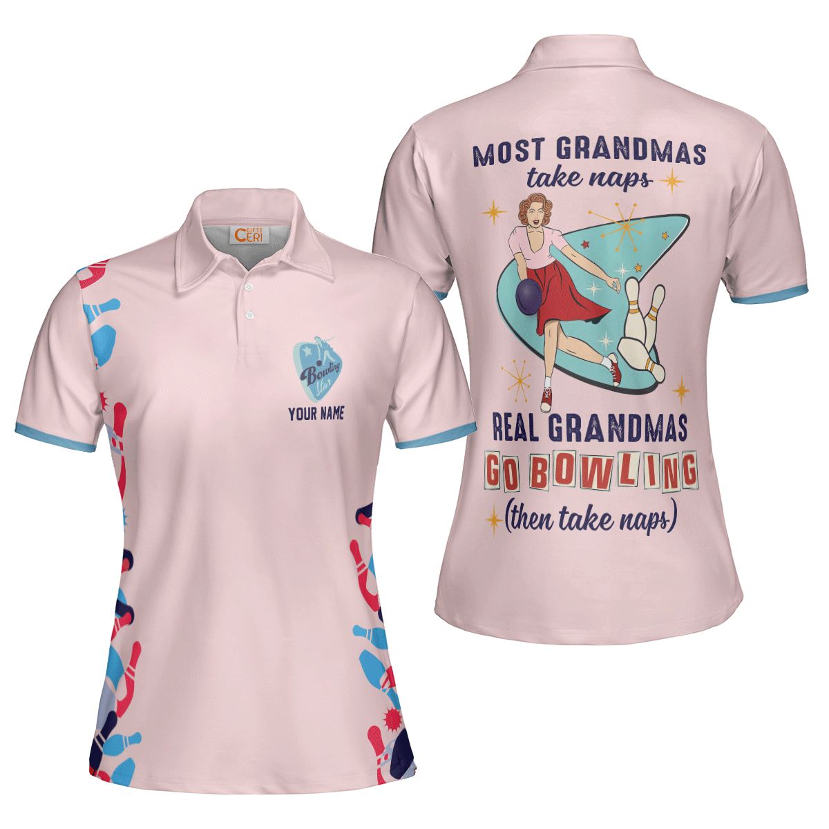 Real Grandmas Go Bowling Short Sleeve Women Polo Shirt, Custom Name Bowling Shirt, Pink Grandma Bowling Shirt - Best Bowling Gift For Women