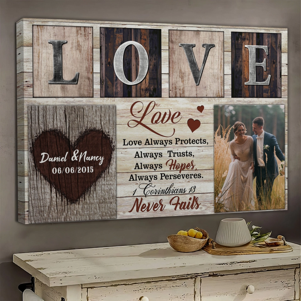 Christian Wedding Gift, Couple Gift, Personalized Wall Art Canvas Prints Custom Photo, Love Never Fails 1 Corinthians 13