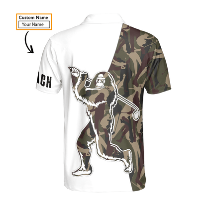 Custom Golf Men Polo Shirt - Funny Bigfoot Golf Polo Shirts, Camo Pattern Custom Name Sasquatch Playing Golf Apparel - Perfect Polo Shirt For Men - Cerigifts