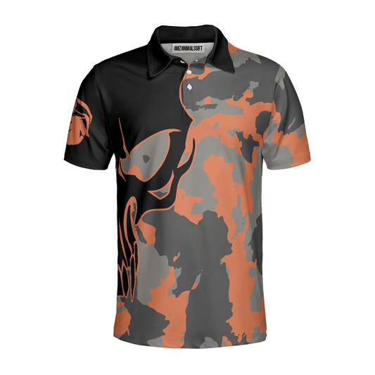 Custom Golf Men Polo Shirt - Skull Orange Camouflage Golf Polo Shirt, Streetwear Camo Golf Shirt For Men, Best Polo Shirt For Men, Golfers - Cerigifts