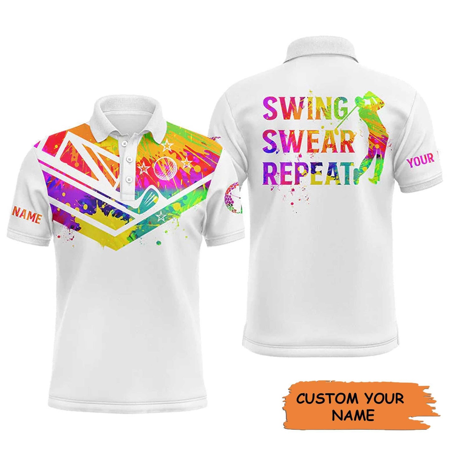 Custom Golf Men Polo Shirt - Watercolor New Zealand Flag Custom Name White Apparel, Swing Swear Repeat Men Polo Shirt - Perfect Polo Shirt For Men