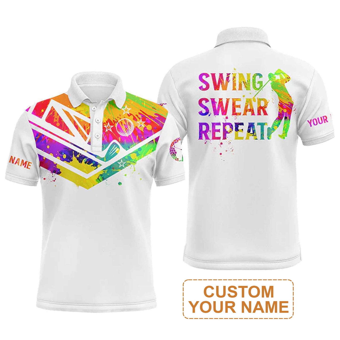 Custom Golf Men Polo Shirt - Watercolor New Zealand Flag Custom Name White Apparel, Swing Swear Repeat Men Polo Shirt - Perfect Polo Shirt For Men