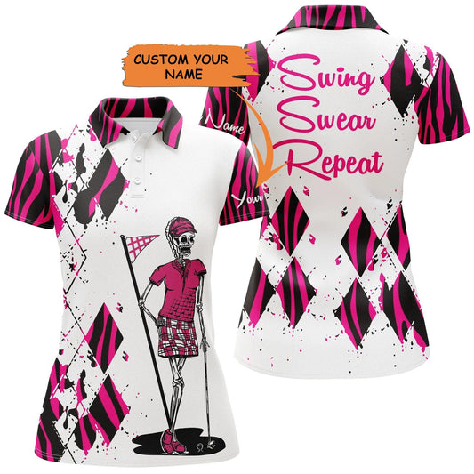 Custom Golf Womens Polo Shirt - Women Golf Polo Shirts Custom Funny Ladies Golf Skull Pink Zebra Pattern Golf Shirt - Perfect Polo Shirt For Womens - Cerigifts