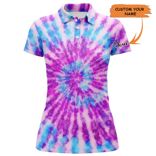 Custom Golf Womens Polo Shirt - Womens Golf Polo Shirts With Watercolor Purple Tie Dye Custom Name - Perfect Polo Shirt For Womens, Golf Lover - Cerigifts
