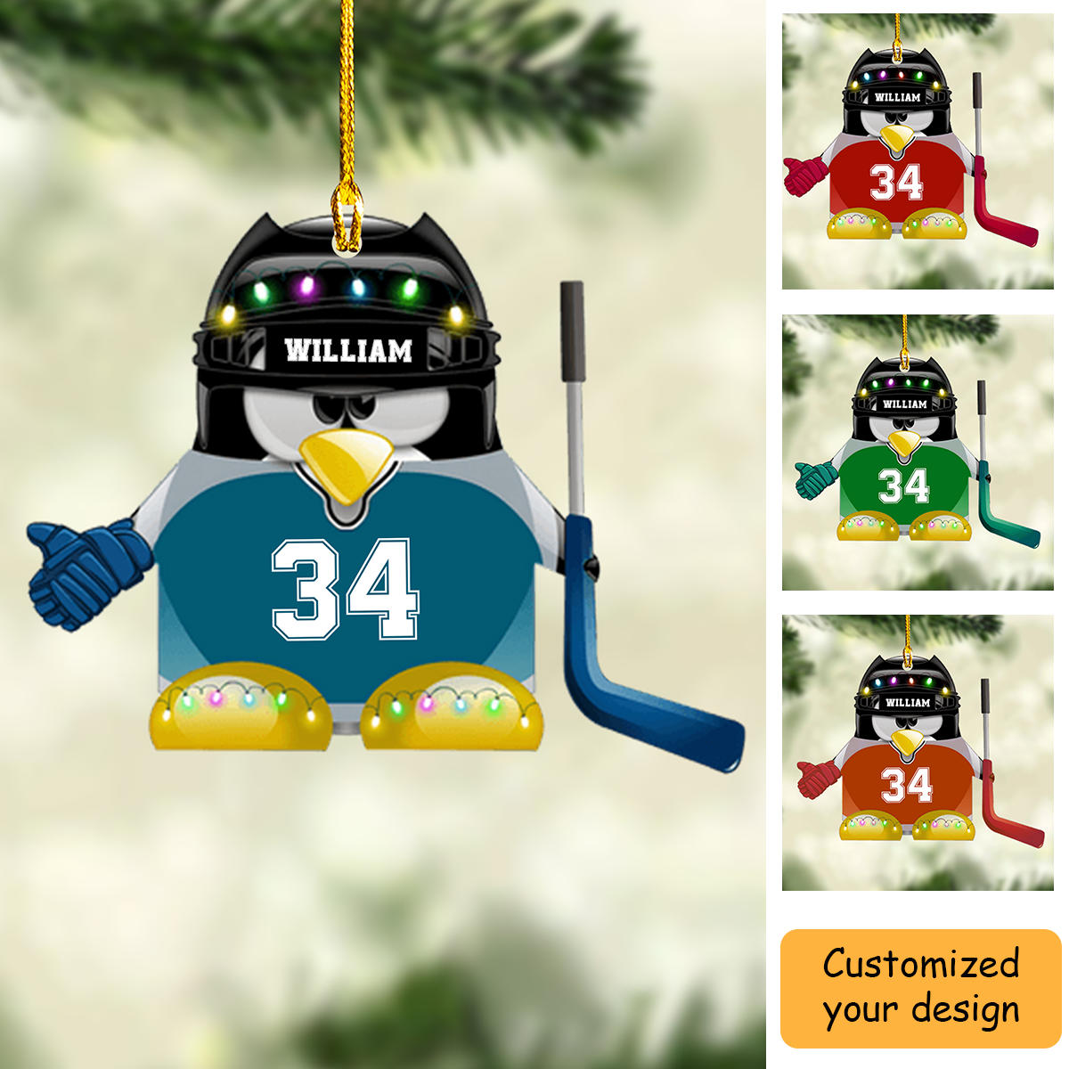 Personalized Penguin Hockey With Hockey Stick Acrylic Ornament, Custom Christmas Ornament Gifts For Hockey Player